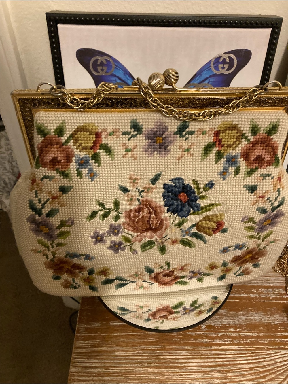 Floral Tapestry Frame Clutch with Gold Chain - Cream